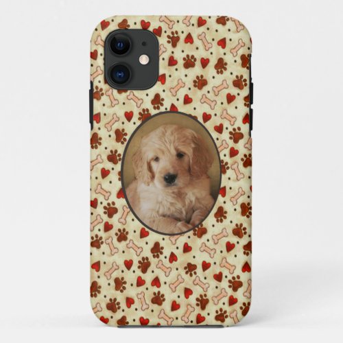 Personalized Pet Photo Dogbone Paws with Hearts iPhone 11 Case