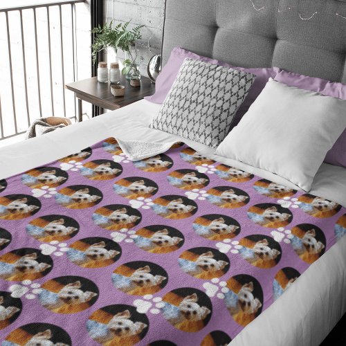 Personalized Pet Photo in Lavender w Paw Print Fleece Blanket