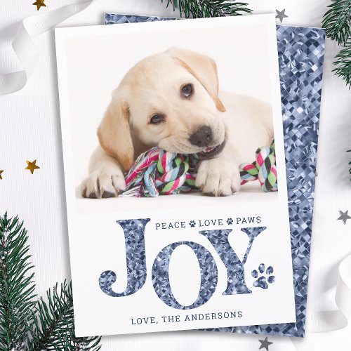 Personalized Pet Photo JOY Blue Paw Print Dog Holiday Card