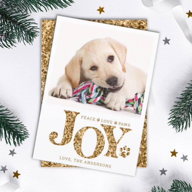 Personalized Pet Photo JOY Gold Paw Print Dog  Holiday Card (Creator Uploaded)