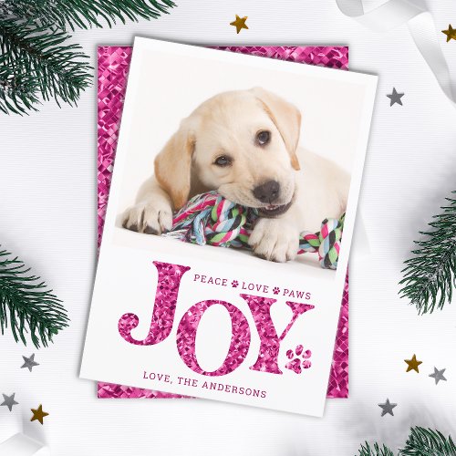 Personalized Pet Photo JOY Pink Paw Print Dog Holiday Card