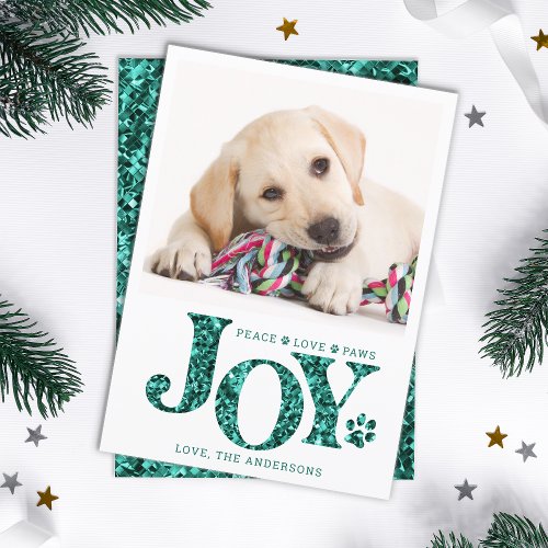 Personalized Pet Photo JOY Teal Paw Print Dog Holiday Card
