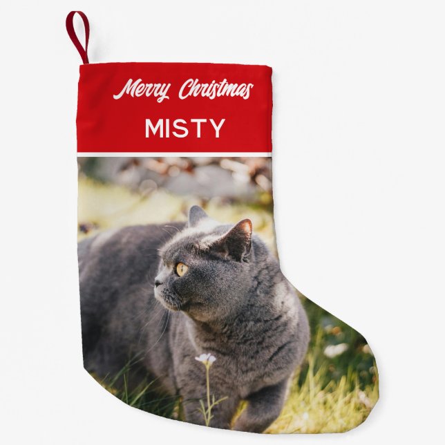 Personalized Pet Photo Monogram Name Red Small Christmas Stocking (Front)