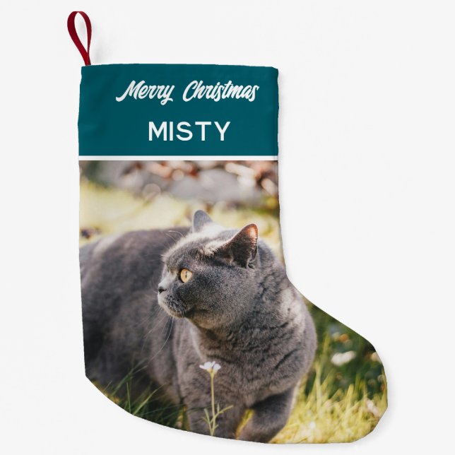 Personalized Pet Photo Monogram Name Teal Small Christmas Stocking (Front)