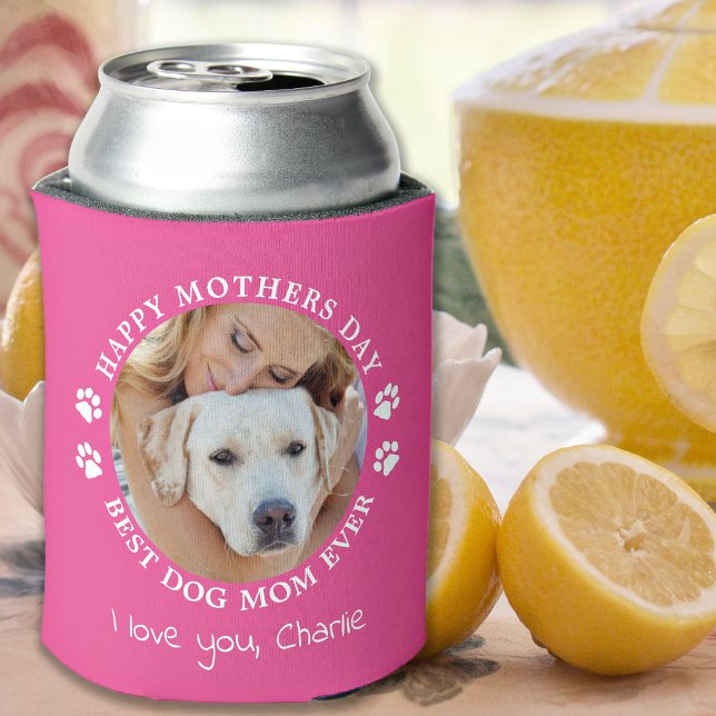 Personalized Pet Photo Mothers Day Dog Mom Pink Can Cooler (Creator Uploaded)