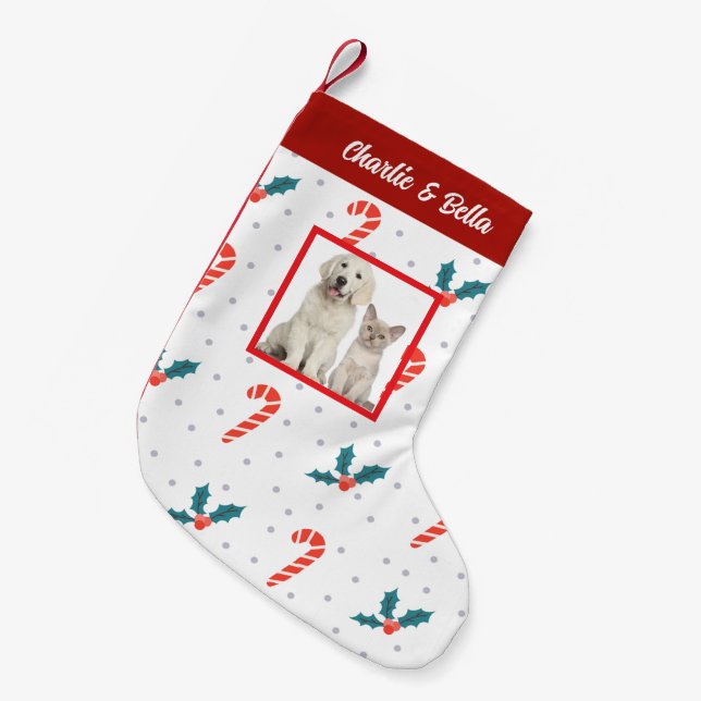 Personalized Pet Photo & Name Holly Berry Small Christmas Stocking (Front (Hanging))
