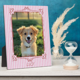 Personalized Pet Photo Name Pink Stripe Portrait Plaque