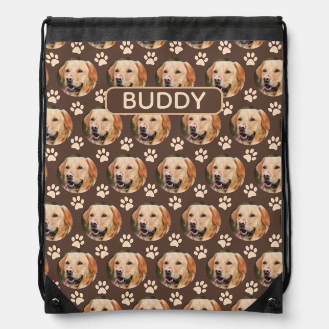 Personalized Pet Photo Pattern Dog Name Drawstring Bag (Front)