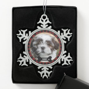 Personalized Pet Photo Red Plaid Elegant Snowflake Pewter Christmas Ornament