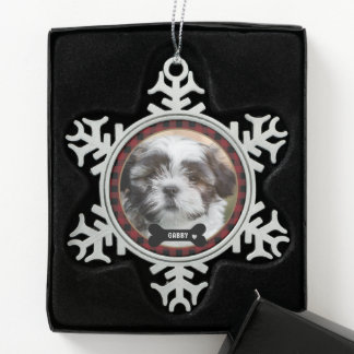 Personalized Pet Photo Red Plaid Elegant Snowflake Pewter Christmas Ornament