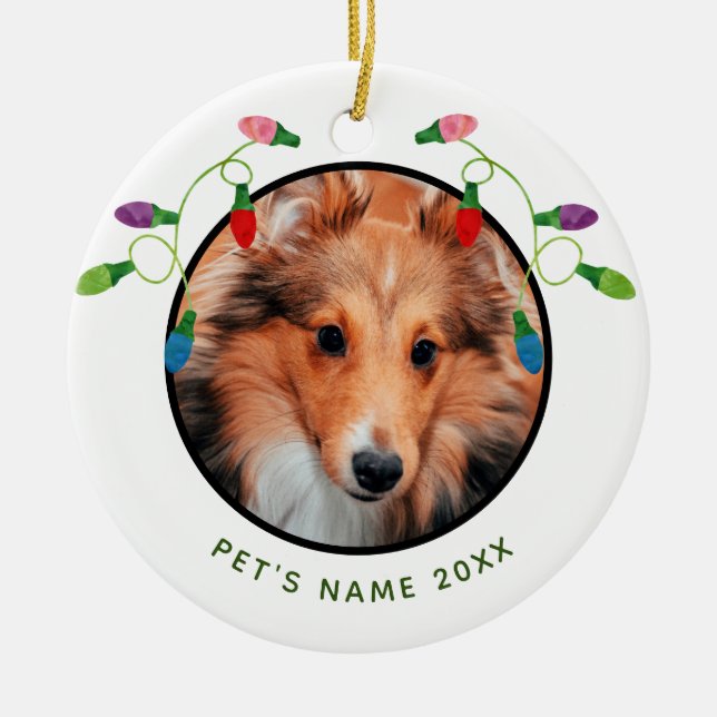 Personalized Pet Photo  with Christmas Lights Ceramic Ornament (Front)