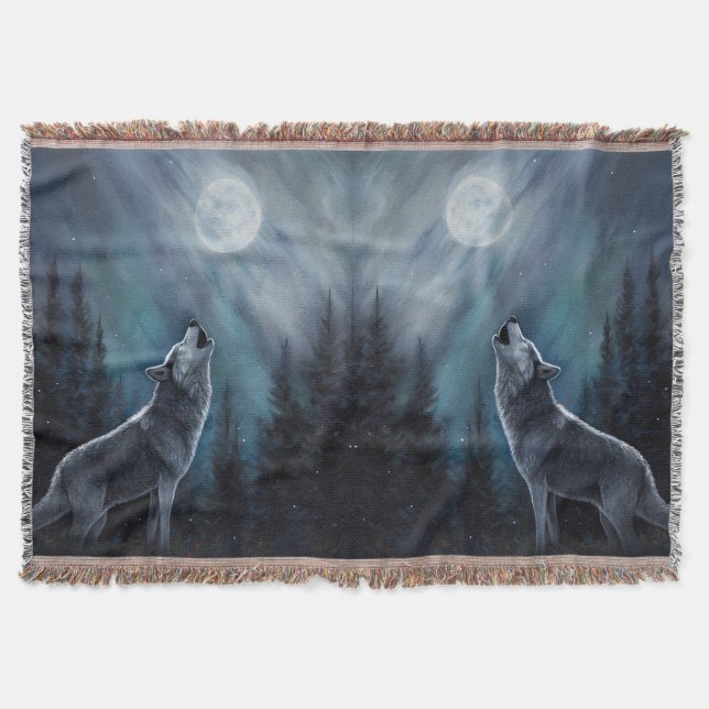 Personalized Pet Photo | Wolf Howling At The Moon Throw Blanket (Front)