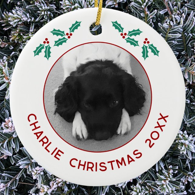 Personalized Pet Puppy Dog Christmas Photo Ceramic Ornament (Personalized custom name year puppy dog photo Christmas ceramic ornament for animal lovers)