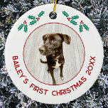 Personalized Pet Puppy Dog First Christmas Photo Ceramic Ornament<br><div class="desc">Celebrate your puppy's first Christmas with this charming personalized photo ornament. Add your own photo and change any of the text to customize. With pretty holly sprigs and modern script text in festive red, it beautifully showcases your favorite photograph of your dog, making it a perfect keepsake for pet lovers....</div>