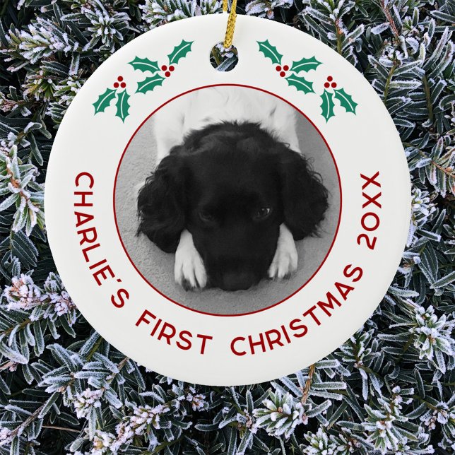 Personalized Pet Puppy Dog First Christmas Photo Ceramic Ornament (Personalized puppy dog first Christmas photo ornament)