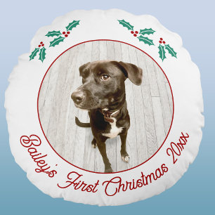 Personalized Pet Puppy Dog First Christmas Photo Round Pillow