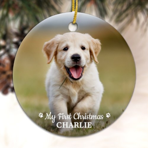 Personalized Pet Puppy Photo Dog First Christmas Ceramic Ornament