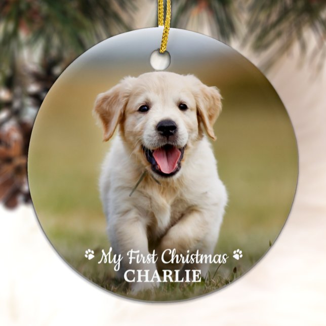 Personalized Pet Puppy Photo Dog First Christmas Ceramic Ornament (Creator Uploaded)