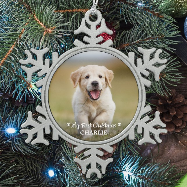 Personalized Pet Puppy Photo Dog First Christmas Snowflake Pewter Christmas Ornament (Creator Uploaded)