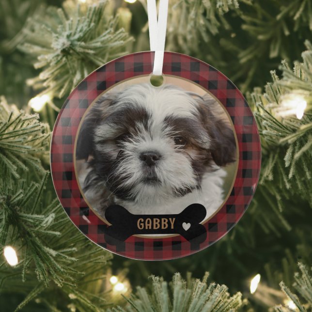 Personalized Pet  Red Plaid Christmas Glass Ornament (Insitu)