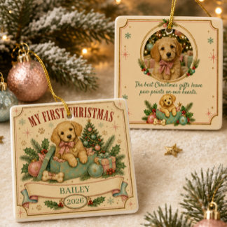 Personalized Pet’s First Christmas 2026 Retro Ceramic Ornament