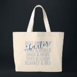 Personalized Pet Vacation Packing List on Large Tote Bag<br><div class="desc">Print all of your dog's vacation, travel, pet sitter or kennel packing list items directly on a large reusable canvas bag with their name in a fun and elegant chic calligraphy script font with cute paw print. Type in your dog or cat's personal item list below the editable "best dog...</div>