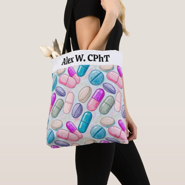 Personalized Pharmacy Tote Bag Pink Grey Pills (Close Up)