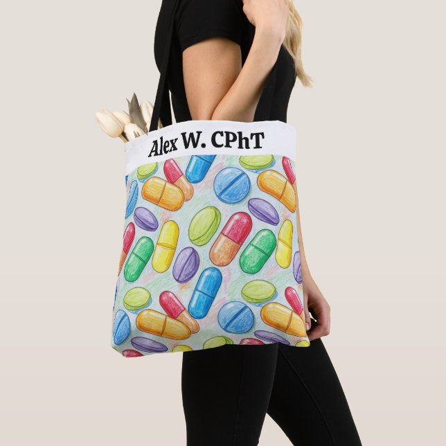 Personalized Pharmacy Tote Bag with Bright Pills (Close Up)