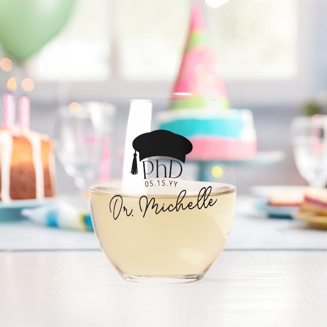Personalized PhD Doctoral Degree Dr Graduation Stemless Wine Glass (Insitu (Birthday))