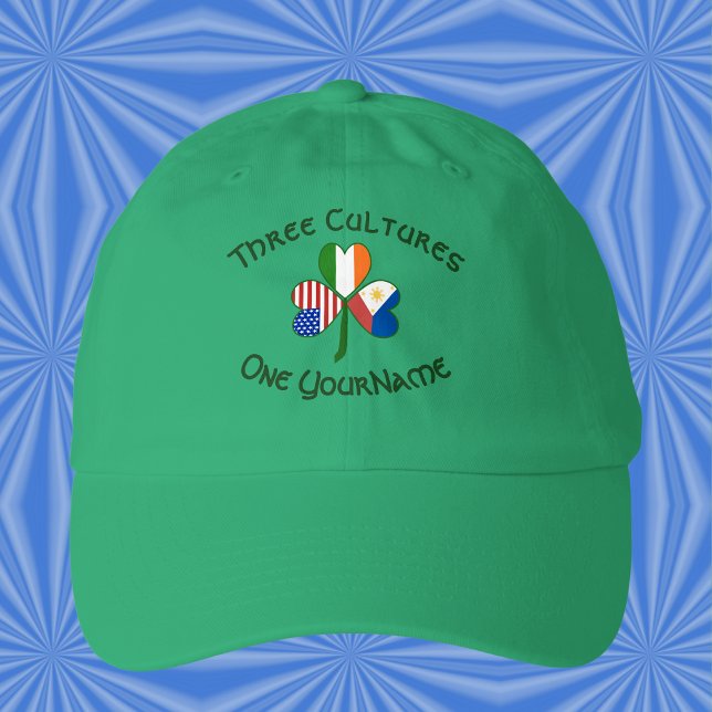 Personalized Philippines Ireland USA Flag Shamrock Hat (Dad hat with a personalized Philippines‑Ireland‑USA Three Cultures shamrock.)