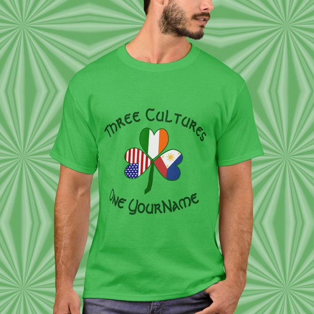Personalized Philippines Ireland USA Shamrock Men T-Shirt (Men’s t-shirt featuring a personalized Philippines‑Ireland‑USA Three Cultures shamrock.)