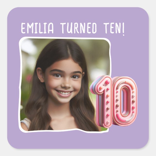 Personalized Photo 10th Birthday Party Square Sticker (Front)