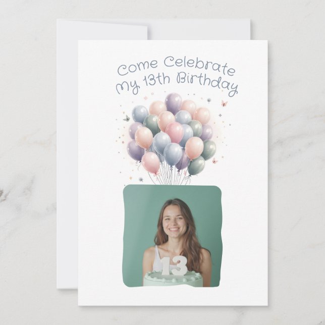 Personalized Photo 13th Birthday Balloons Invitation (Front)