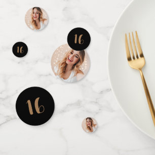 Personalized Photo 16th Birthday Black and Gold Confetti