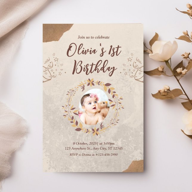 Personalized Photo 1st Birthday Brown   Invitation (Creator Uploaded)