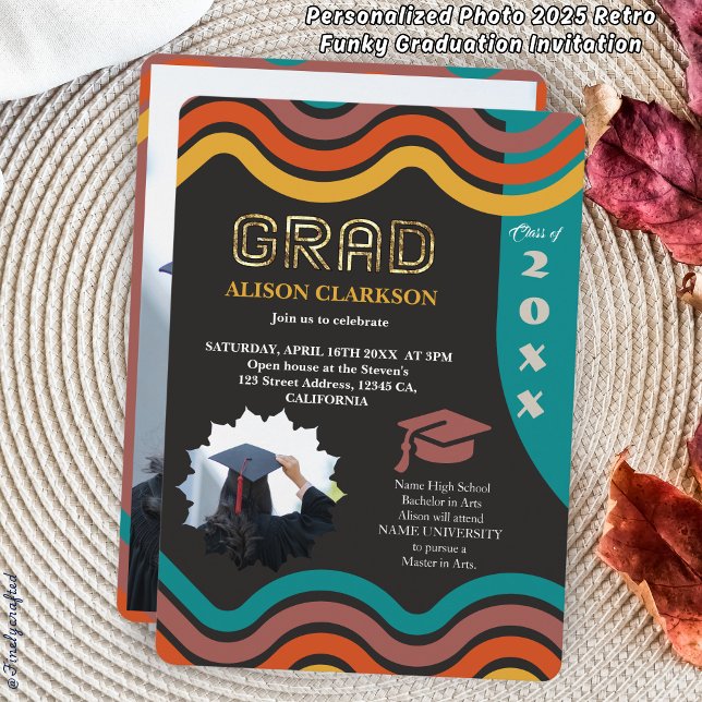 Personalized Photo 2025 Retro Funky Graduation Invitation (Creator Uploaded)