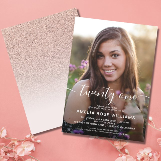 Personalized Photo 21st Birthday Party Rose Gold Invitation (Twenty One Birthday Invitation)