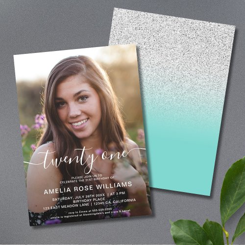 Personalized Photo 21st Birthday Party Teal Silver Invitation