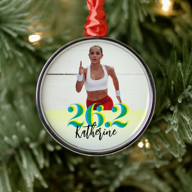 Personalized Photo 26.2 Marathon Running Green Metal Ornament (Tree)