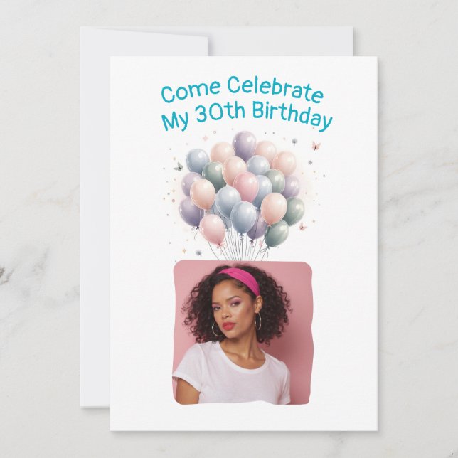 Personalized Photo 30th Birthday Balloons Invitation (Front)