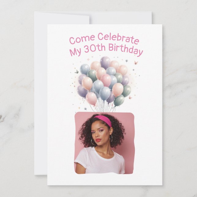 Personalized Photo 30th Birthday Balloons Invitation (Front)
