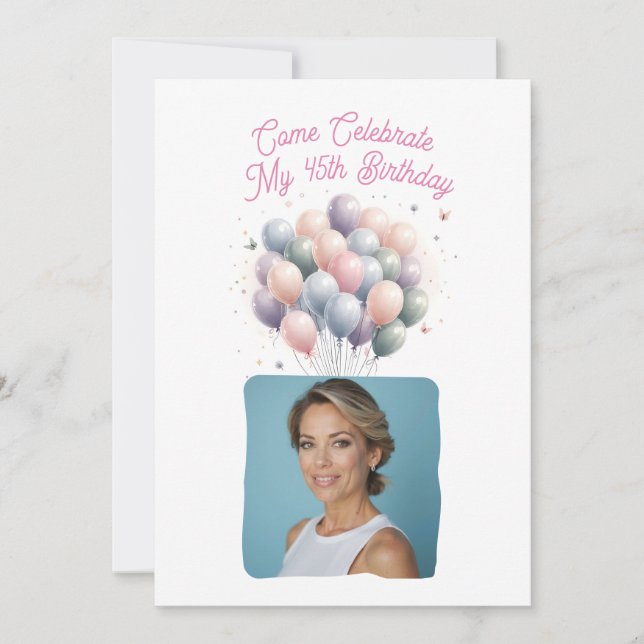 Personalized Photo 45th Birthday Balloons Invitation (Front)