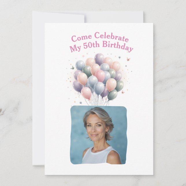 Personalized Photo 50th Birthday Balloons Invitation (Front)