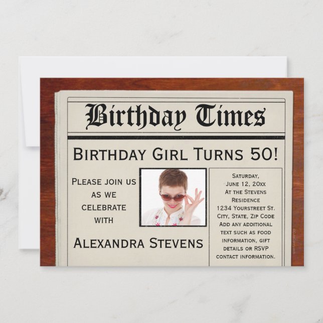 Personalized Photo 50th Birthday Party Newspaper Invitation (Front)