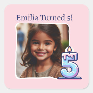 Personalized Photo 5th Birthday Party Square Sticker