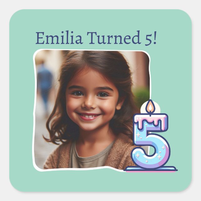Personalized Photo 5th Birthday Party Square Sticker (Front)