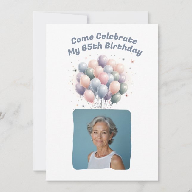Personalized Photo 65th Birthday Balloons Invitation (Front)