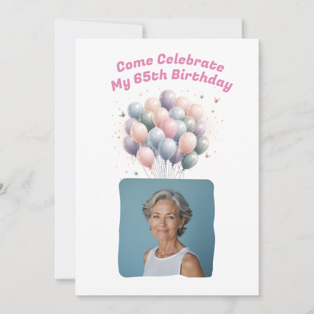 Personalized Photo 65th Birthday Balloons Invitation (Front)