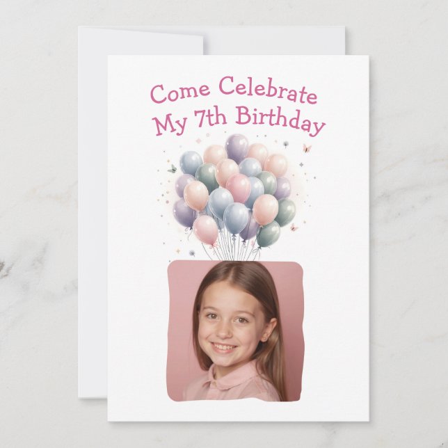 Personalized Photo 7th Birthday Balloons Invitation (Front)