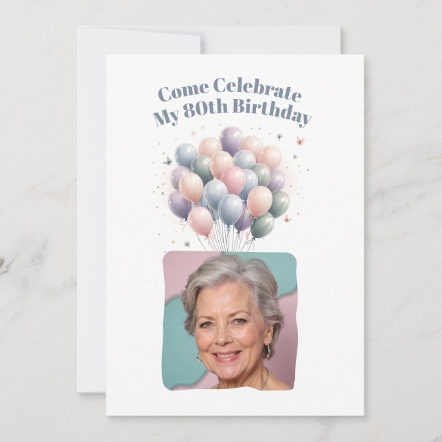 Personalized Photo 80th Birthday Balloons Invitation (Front)